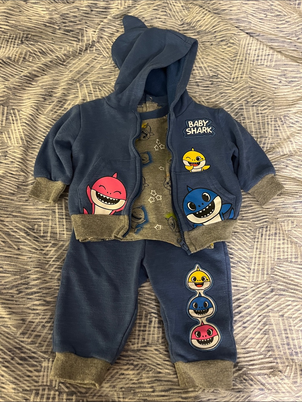 Pinkfong 3-6m Baby Shark Blue Hoodie & Pant Set Navy Gray Yellow Nickelodeon